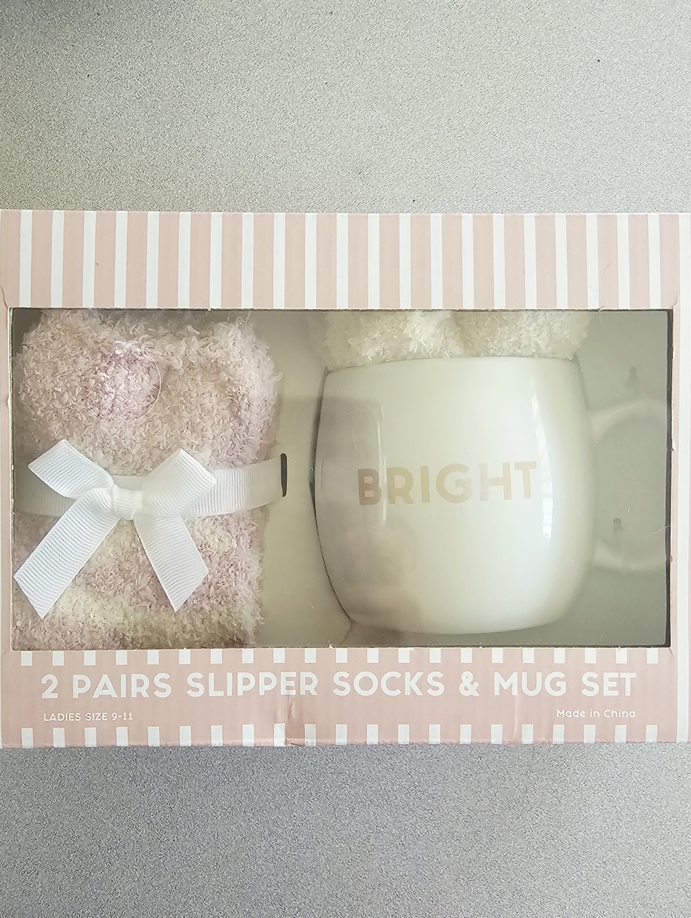 Bright White Mug & Pink Fuzzy Slipper Socks Gift Set